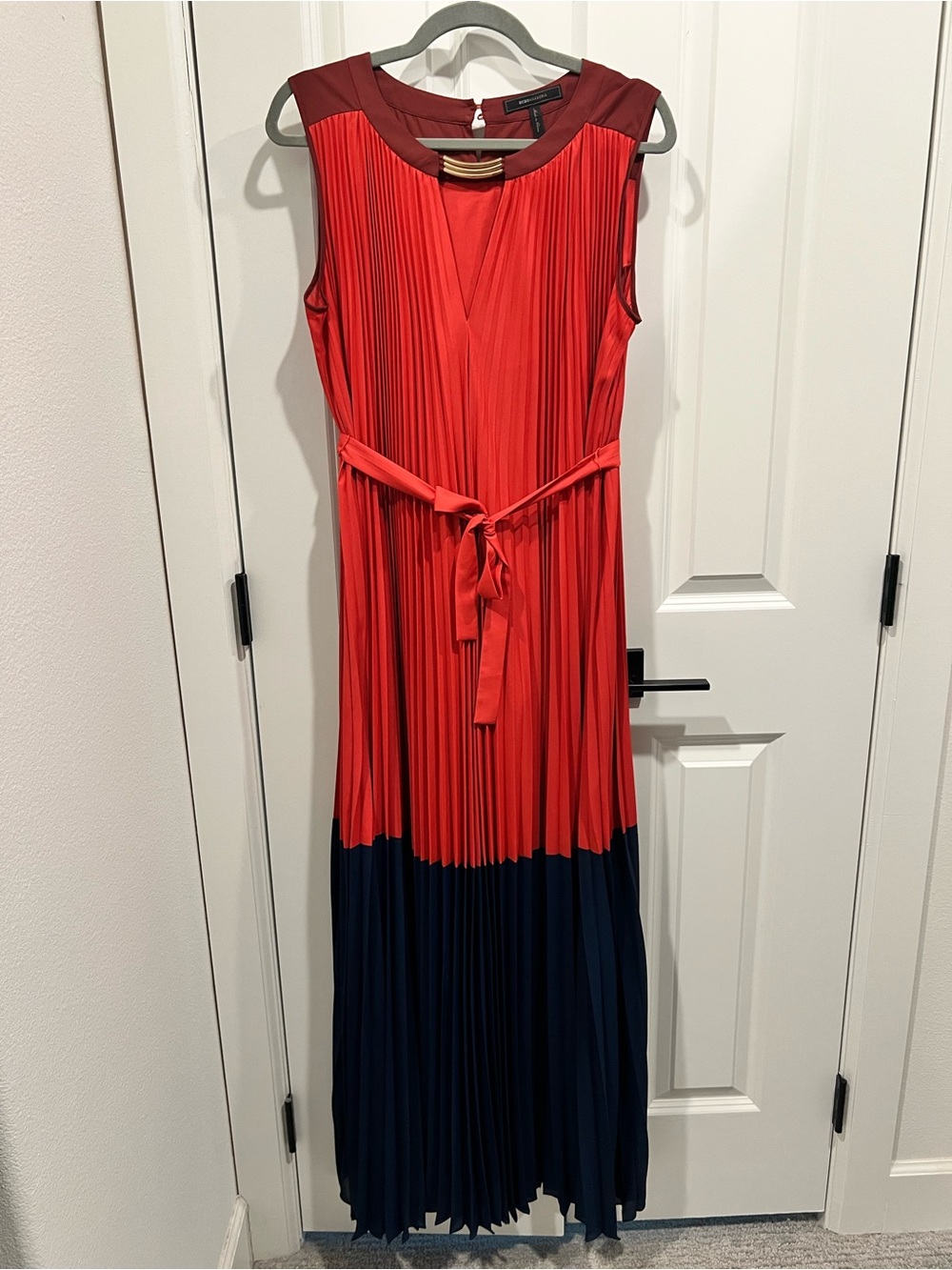 BCBG Max Azria Pleated Colorblock Maxi Dress - Orange & Navy